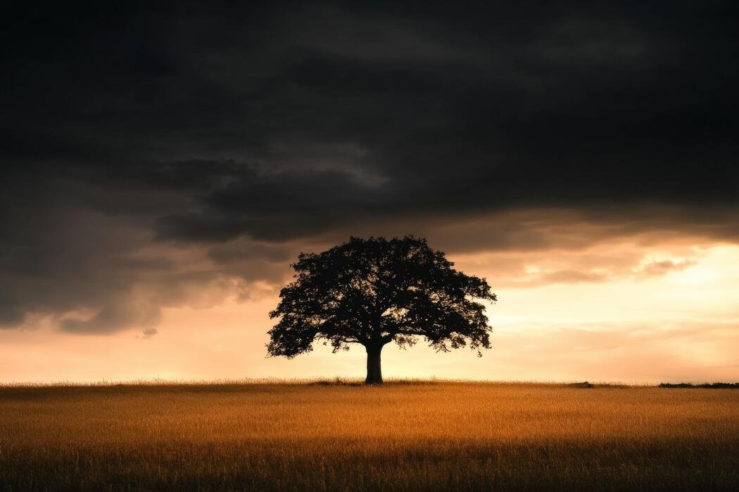 A lone tree standing in an open field of long grass, silhouetted against a dark sky breaking into light at sunset