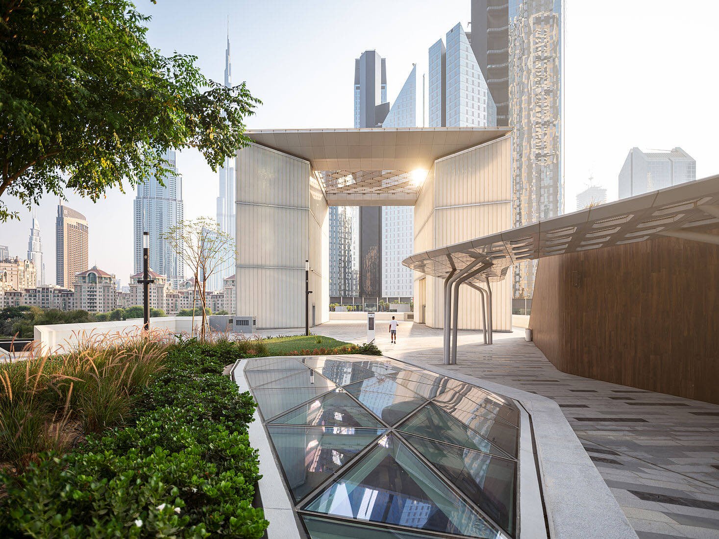 The Gate district at DIFC, Dubai, with the Burj Khalifa beyond