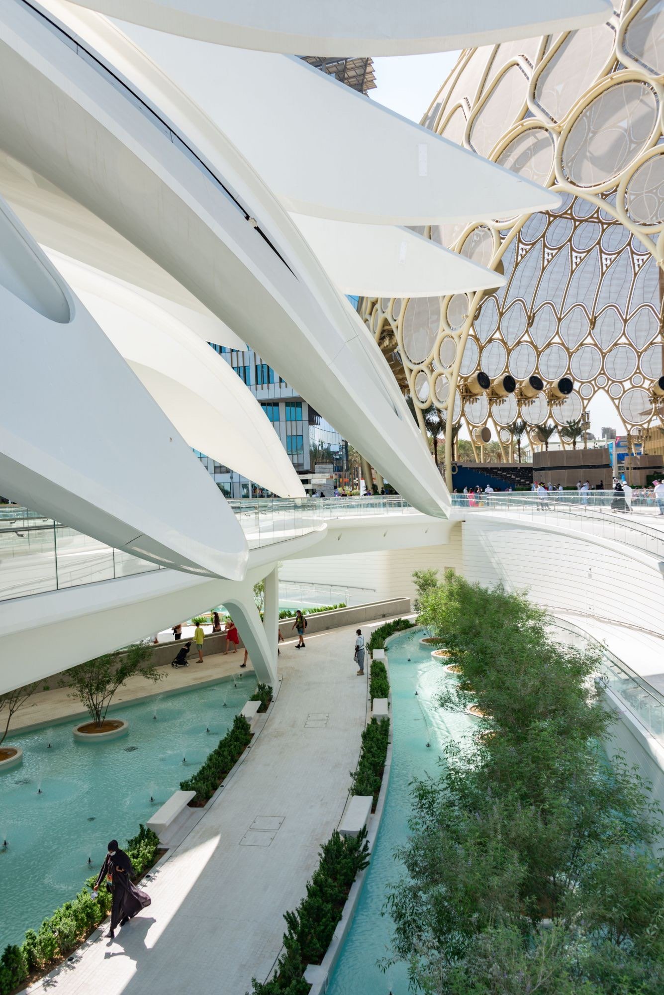 The shaded walkways and Al Wasl dome at the Expo site in Dubai
